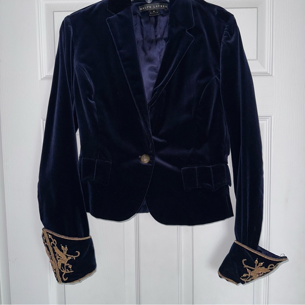 Ralph Lauren Black Label blue velvet jacket with gold detailed sleeves size 8